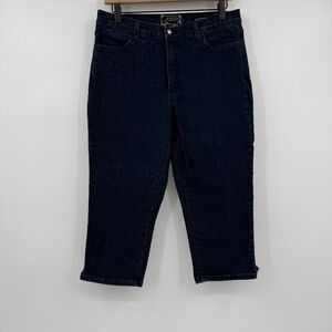 NYDJ Jeans Capri Women 12P Blue Embroidered Rhinestones Dark Wash Denim Stretch